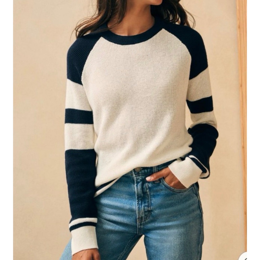 Faherty Throwback Cotton Cashmere Waffle Knit Raglan Striped Sweater Small